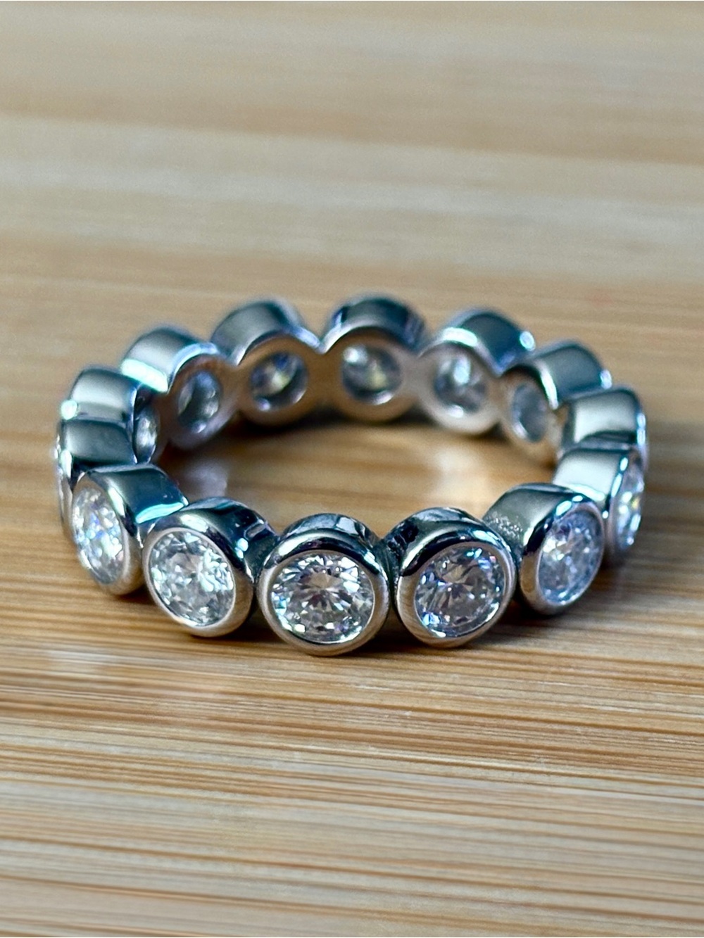 Moissanite eternity ring with .50ct stones in 935 Argentium silver! So sparkly!